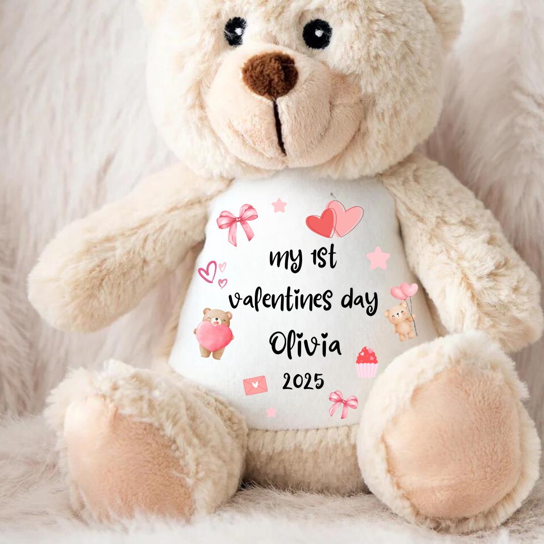 Personalised First Valentines Teddy, Custom 1st Valentine Soft Toy , First Valentine's Day Gift ,Baby Boy/ Girl Valentines Day Keepsake Gift