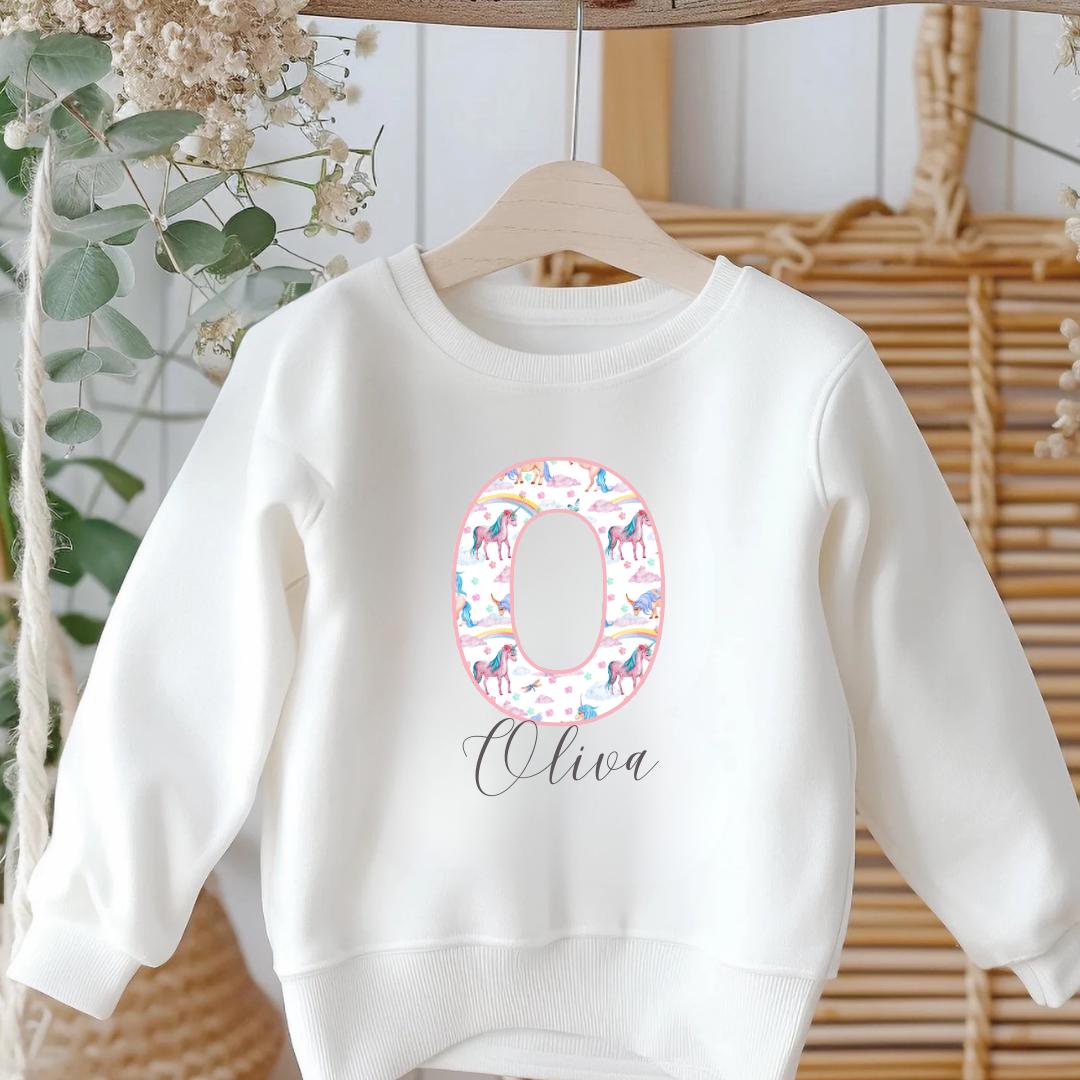 Personalised Unicorn Letter Print Kids Sweatshirt - Birthday Sweatshirt - Girl's Jumper - Birthday - Name Sweatshirt - Girls Name Sweater