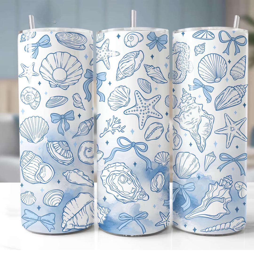 Seashell Print Tumbler 20oz Skinny with Straw, Cute Fitness Drinkware, Womens Water Bottle, Teacher Gift Ideas, Reusable Water Bottle