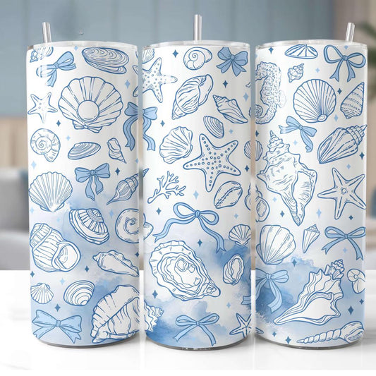 Seashell Print Tumbler 20oz Skinny with Straw, Cute Fitness Drinkware, Womens Water Bottle, Teacher Gift Ideas, Reusable Water Bottle