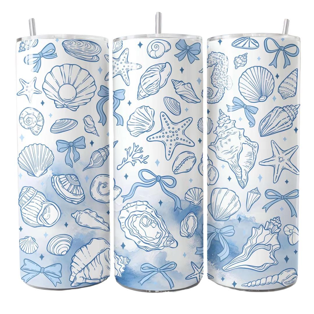Seashell Print Tumbler 20oz Skinny with Straw, Cute Fitness Drinkware, Womens Water Bottle, Teacher Gift Ideas, Reusable Water Bottle
