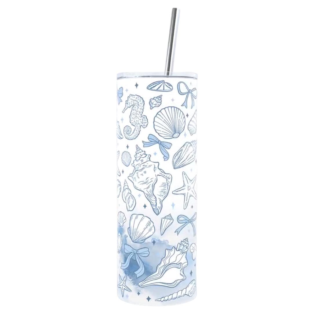 Seashell Print Tumbler 20oz Skinny with Straw, Cute Fitness Drinkware, Womens Water Bottle, Teacher Gift Ideas, Reusable Water Bottle