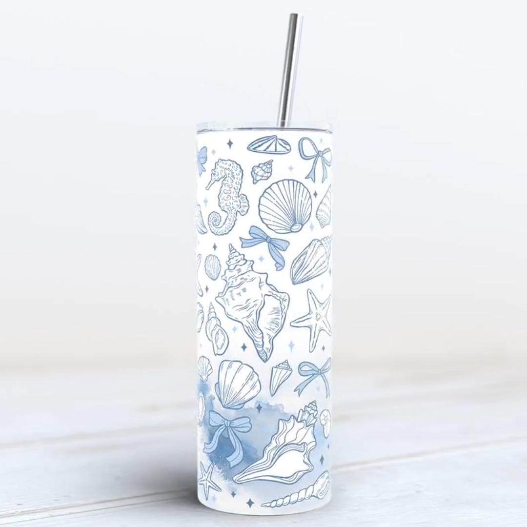 Seashell Print Tumbler 20oz Skinny with Straw, Cute Fitness Drinkware, Womens Water Bottle, Teacher Gift Ideas, Reusable Water Bottle